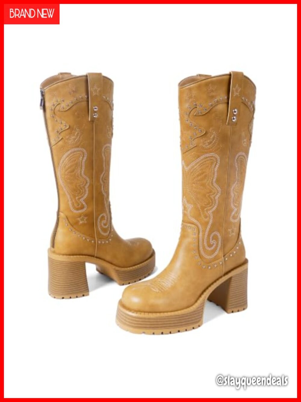 Leather Knee High Western Boots Platform Chunky Heel Round Toe Zip